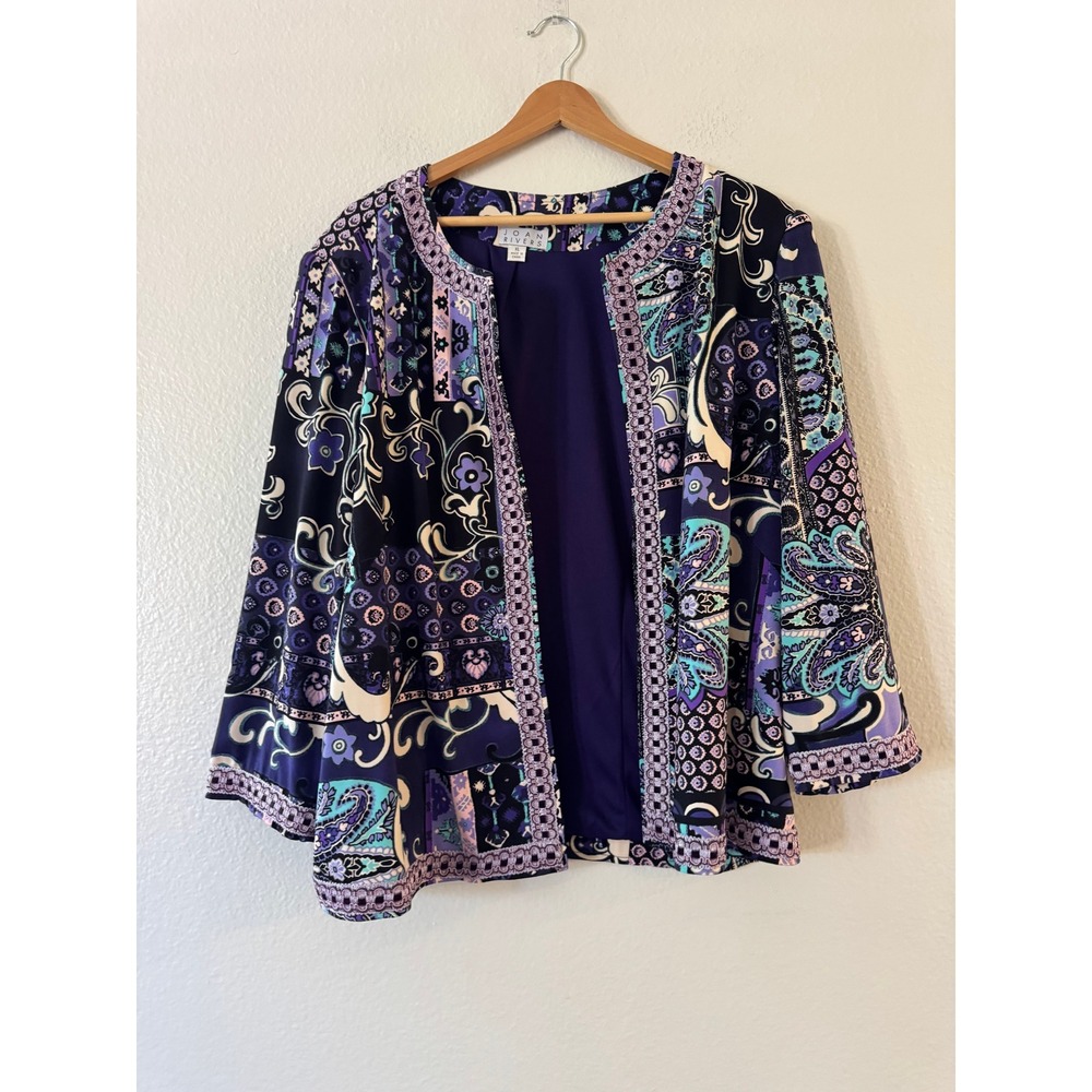 Joan Rivers Paisley Patchwork Open Front Jacket XL Purple Blue Trim Excellent